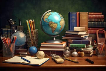Back to school concept with globe, books and stationery on dark background, Composite image of school supplies on a desk, AI Generated