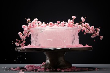 cherry blossom in vase on black background with water drops, Cosmetic pedestal, a pink podium with sakura petals, AI Generated