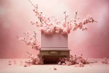 Foto op Aluminium cherry blossom in vase on black background with water drops, Cosmetic pedestal, a pink podium with sakura petals, AI Generated © Ifti Digital