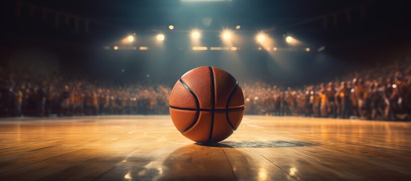 basketball photographed in the middle of the basketball court. generative AI