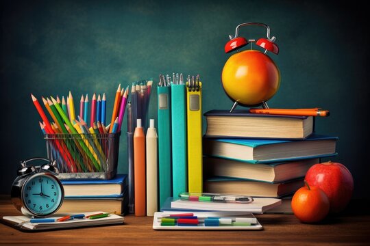 Back to school concept. Stack of books, alarm clock, pencils and apple on wooden table, Composite image of school supplies on a desk, AI Generated