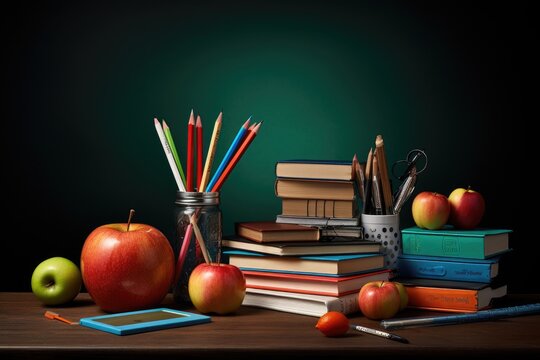 Back to school concept. Stack of books, apple and pencils on wooden table, Composite image of school supplies on a desk, AI Generated