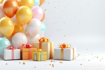 Birthday background with Gift boxes color balloons and confetti, 3d render of birthday background, AI Generated