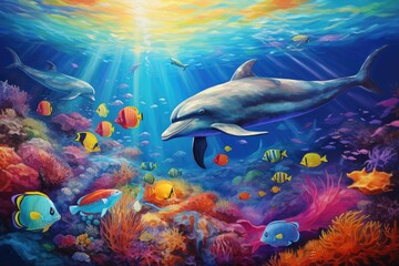Dolphin swimming in the ocean. Illustration of the underwater world, Dolphin with a group of...