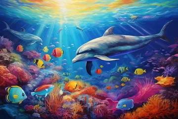 Deurstickers Dolphin swimming in the ocean. Illustration of the underwater world, Dolphin with a group of colorful fish and sea animals with vibrant coral underwater in the ocean, AI Generated © Ifti Digital