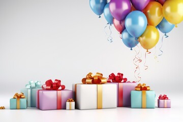 Birthday background with Gift boxes color balloons and confetti, 3d render of birthday background, AI Generated