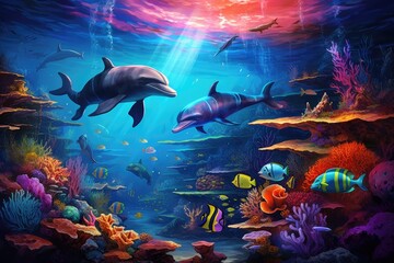 Underwater scene with dolphins and coral reef - 3d illustration, Dolphin with a group of colorful...