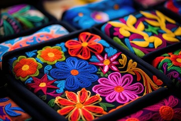 Fototapeta na wymiar Colorful handmade embroidery on display at a flea market, Colorful embroidered decorative textile from Otavalo city at the artisan's market, AI Generated