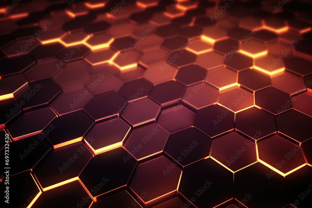 Poster abstract background with glowing hexagons in blue and purple colors, 3d illustration, create an abst