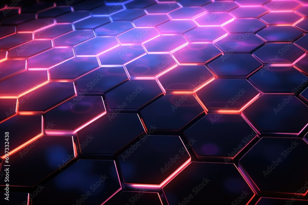 Poster abstract background with glowing hexagons in blue and purple colors, 3d illustration, create an abst