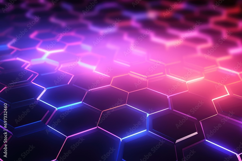 Poster 3d rendering of abstract background with hexagons and glowing neon lights, create an abstract backgr