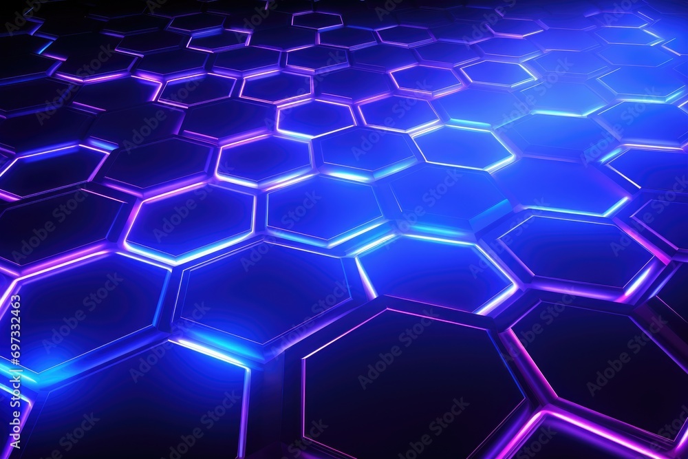 Poster 3d rendering of abstract background with hexagons and glowing neon lights, create an abstract backgr
