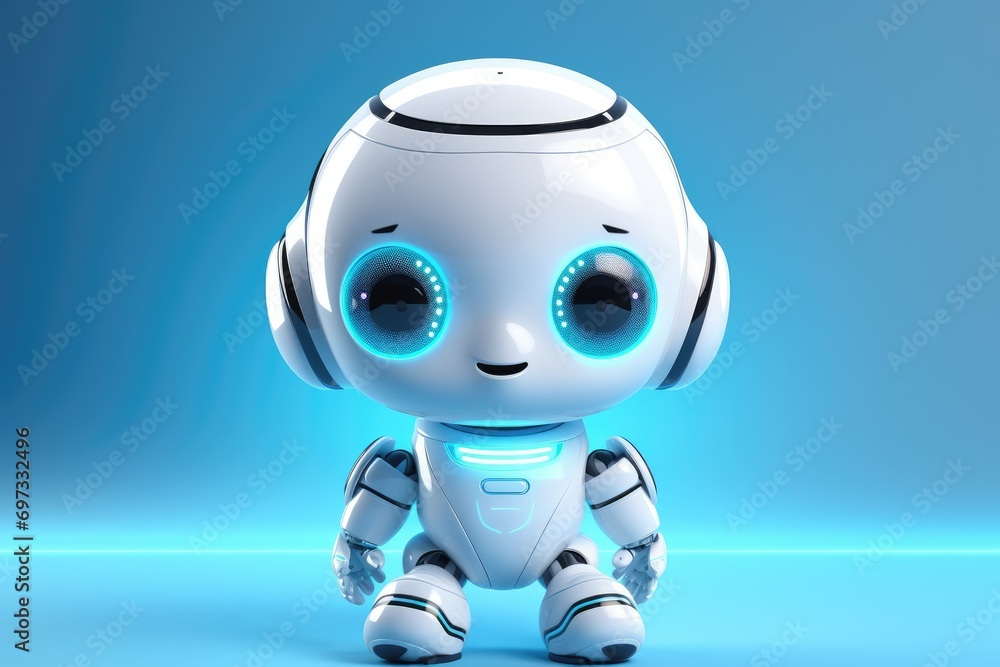 Poster 3d rendering of a cute robot isolated on blue background with copy space, cute white system artifici