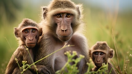 Baboon and her children sat on a field covered in grass that was captured in nakuru, kenya. - Powered by Adobe