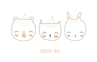 Dream Big. Cute Hand Drawn Funny Rabbit, Sweet Kitty and Teddy Bear Vector Illustration. Lovely Nursery Art with Bunny, Cat and Bear Isolated on a White Background. Kids Room Decoration. RGB.