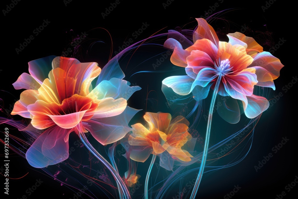 Poster abstract flowers on black background. fantasy fractal design. psychedelic digital art. 3d rendering,