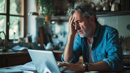 Middle-aged man stressed over bills and economy, sitting at home in front of his laptop