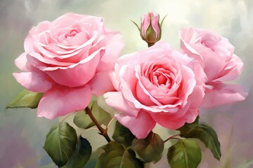 Beautiful pink roses on a soft background. Close-up, Digital oil painting of beautiful pink roses, AI Generated
