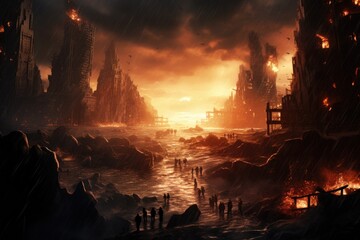 Fantasy landscape with a fire and smoke in the sky. 3d rendering, Digital painting of a world collapse, doomsday scene, AI Generated
