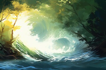 Fototapeta na wymiar Surf wave in the sea. Digital painting. Vector illustration, Digital abstract impressionism painting of a tidal wave and woodland colliding in nature, AI Generated