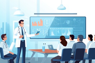Vector illustration of doctor and people in the conference room. Flat style design, Doctor holding a digital tablet in the meeting room, AI Generated