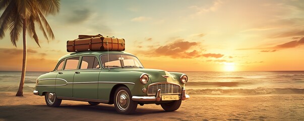 A classic ancient car with a suitcase on top is photographed on the beach with a beautiful sunset view - obrazy, fototapety, plakaty