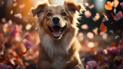 Foto op Canvas cute dog smiling in front of roses and pink hearts. © Алина Бузунова