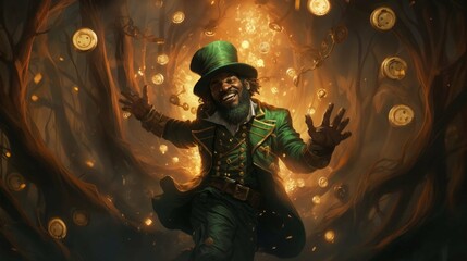 A leprechaun in a green suit runs and caves with money. A banner to advertise St. Patrick's Day. Gold coins are flying around