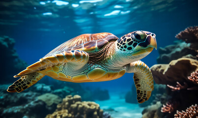 Naklejka na ściany i meble Graceful Sea Turtle Swimming Serenely in Sunlit Ocean Waters Amidst Coral Reef