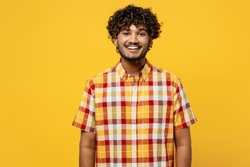 Young smiling happy cheerful fun satisfied cool calm brunet Indian man he wears shirt casual...