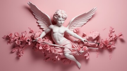 cupid flying overhead shooting his arrow on pink background. - obrazy, fototapety, plakaty