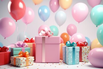 Colorful balloons background 3D Rendering, Celebratory background with color balloons, confetti, sparkles, lights, AI Generated