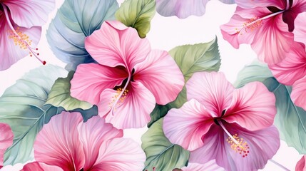 Seamless watercolor pattern, hibiscus flowers. - obrazy, fototapety, plakaty