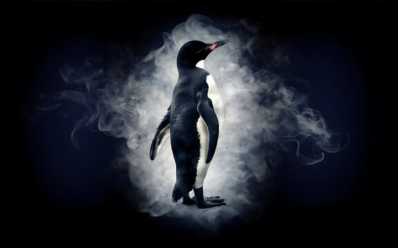 an ethereal and mesmerizing image of an Adelie Penguin Embrace the styles of illustration, dark fantasy, and cinematic mystery the elusive nature of smoke