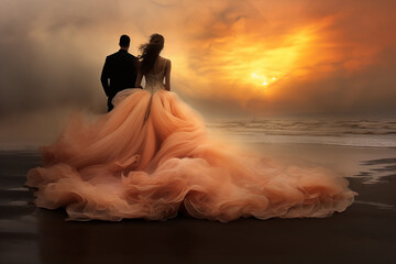 Wedding couple on the beach seen from behind looking to the sunset, the bride in an huge elegant dress with a big tail in pink tone, dreamy atmosphere with dramatic sky