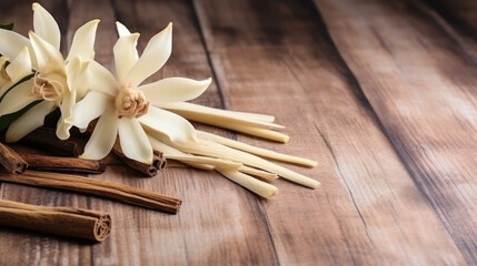 Fototapeta na wymiar Flying vanilla sticks and orchid flowers on beige background.
