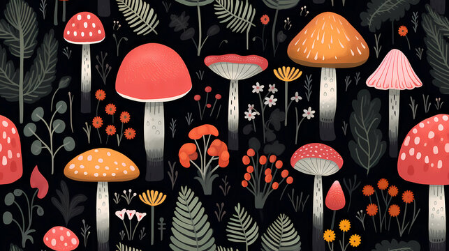  mushrooms with flower seamless pattern