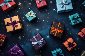 Top view Colorful gift box binding with color Ribbon and blur background Ai generated