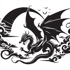 Lunar Ascendance: Dragon Silhouette in Nocturnal Flight, Shadows Creating Tales - Silhouette of Flying Dragon
