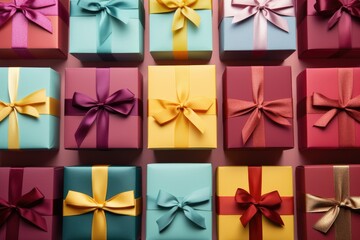 Top view Colorful gift box binding with color Ribbon and blur background Ai generated