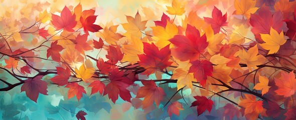 Naklejka na ściany i meble abstract Autumn foliage banner background, branch, twigs and berries, gradient colorful, orange blue color, Generative Ai