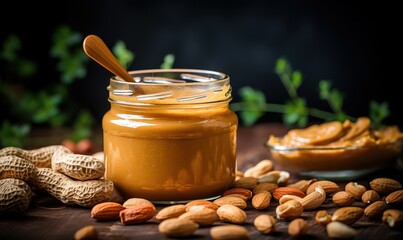 peanut butter in a clear bowl decorated with peanut seeds on the side on a dark background. generative AI