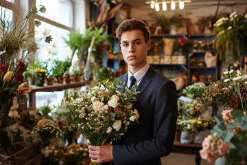 young man in a suit stands with a bouquet of flowers .Concept for Mother's Day, Valentine's Day or International Women's Day or first date. Fresh spring flowers.