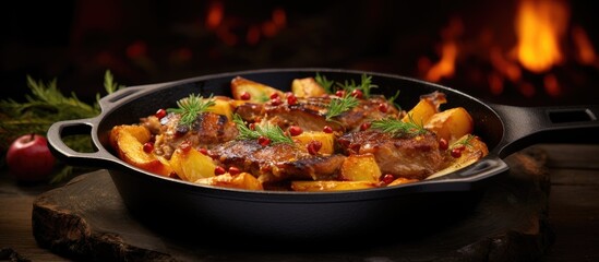 Cooked pork with caramelized apples and nuts in a cast iron pan.