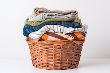 Wooden basket with clothes white background