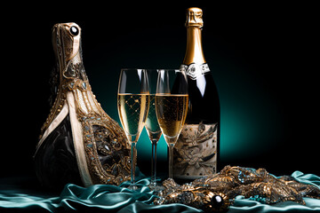 An exclusive bottle with a drink decorated with jewelry, a case for it with hand embroidery and precious stones, jewelry on green silk and glasses with a fizzy drink.