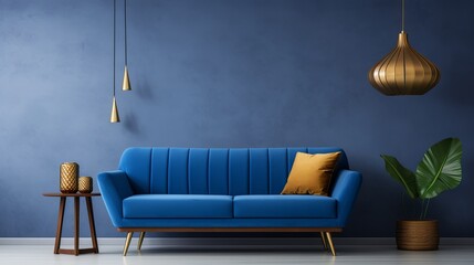 In this living room, there is a blue sofa and a lamp with gold leaf on it.