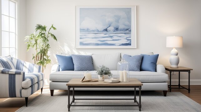 In the living room, there is a couch and painting that are both blue and white