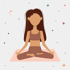 Vector illustration of a woman sitting in a yoga pose with stars around her