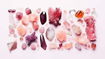 Fototapeta premium set of crystals and geodes, pastel colors, minimalist, peachy and lavender colors, flatlay isolated on white bsckground